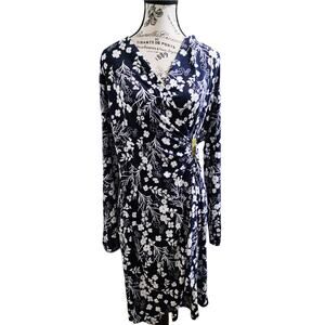 NWT Chaps Navy Floral Long Sleeve Stretch Midi Faux Wrap Surplice Dress  Sz 14